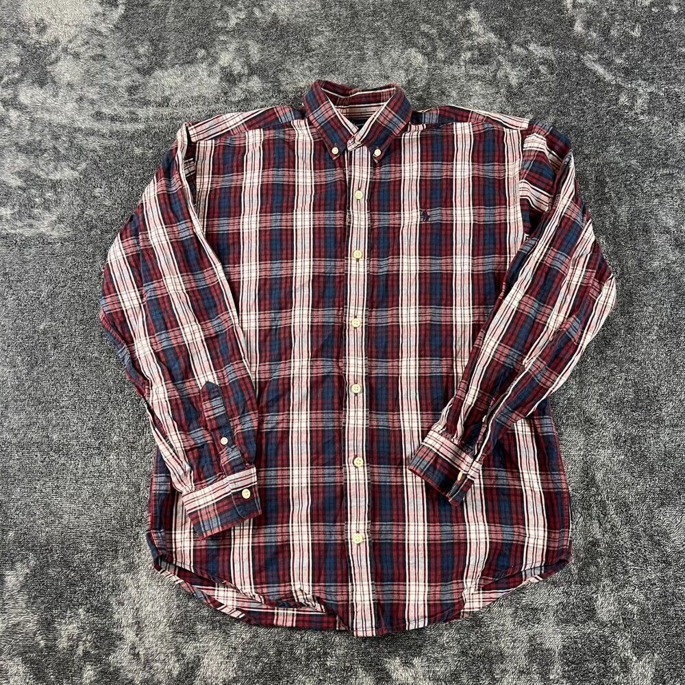 Ralph Lauren Button Up Boys L Long Sleeve Plaid Red Blue Pony Cotton